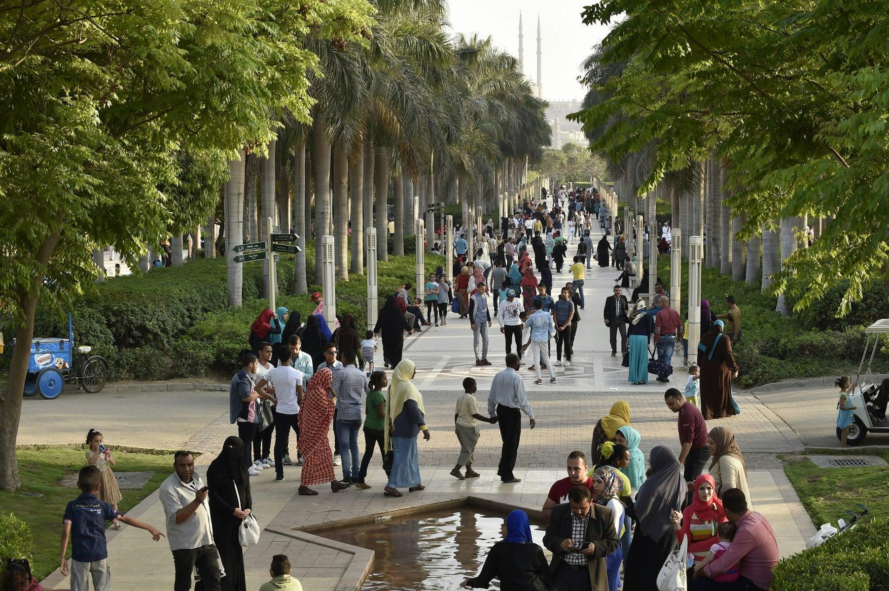 Many park visitors walk along paths or chat by water features in Al-Azhar Park.