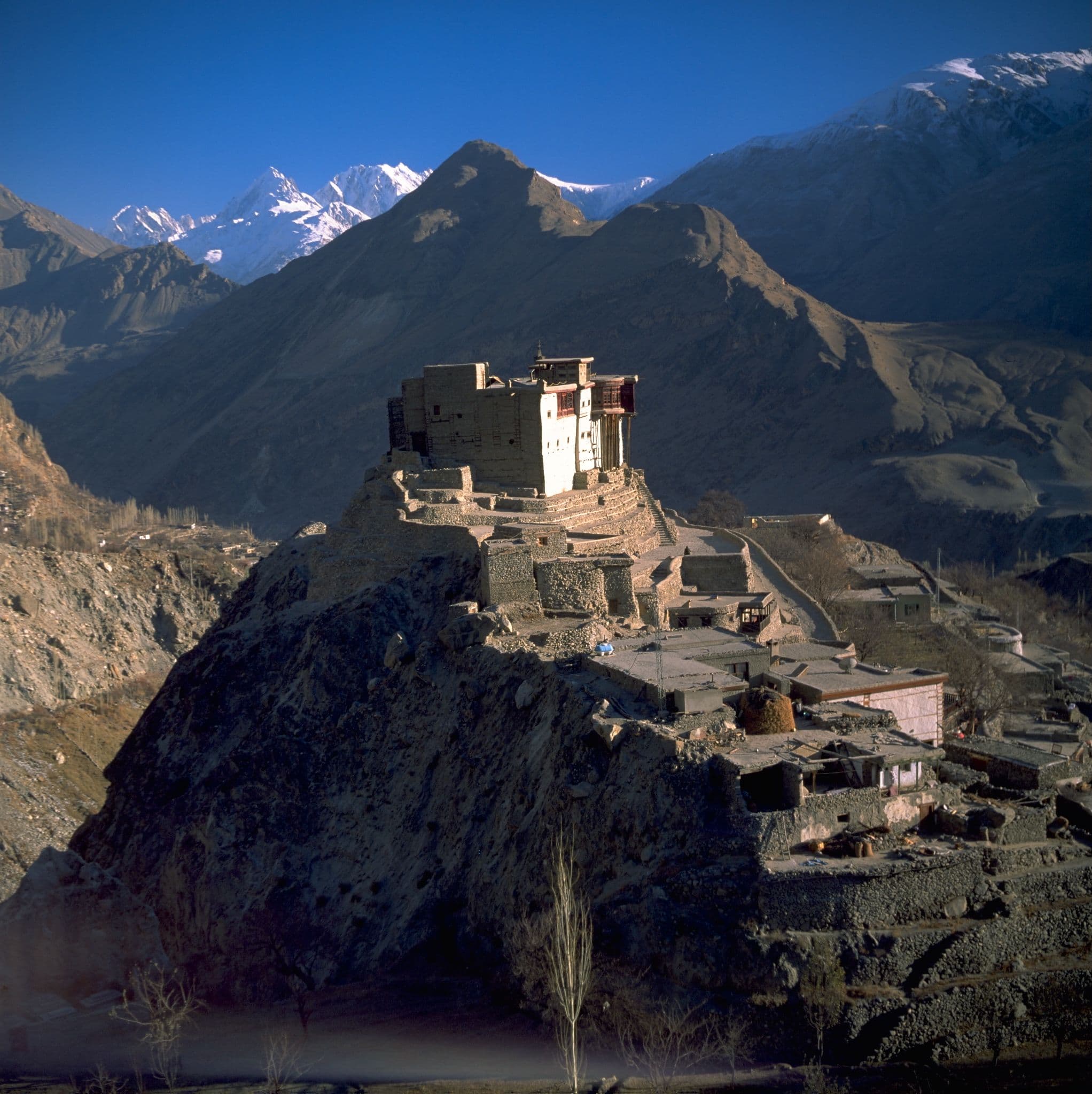 A view of the Baltit Fort, sited on a steep hill.